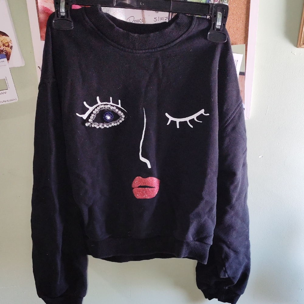 Bershka Black Sweatshirt with Embellished Eye and Glitter Lips